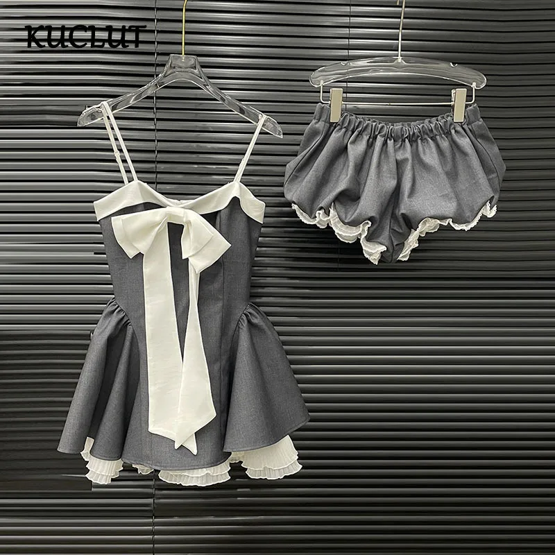 

KUCLUT Fashion Women's Two-pieces Set Bowknot Design Suspender Dresses Elastic Waist Lace Spliced Shorts Female Trendy 1A216