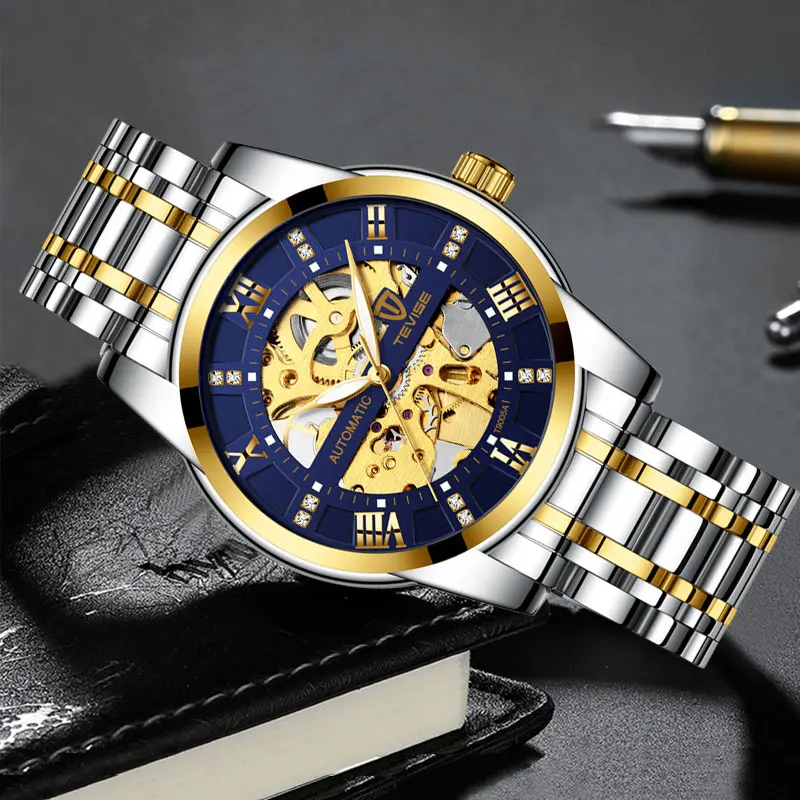 Fashion Tevise Top Brand Automatic Skeleton Full Stainless Steel  Diamond Scale Luminous Hands Men Mechanical Classic Watches