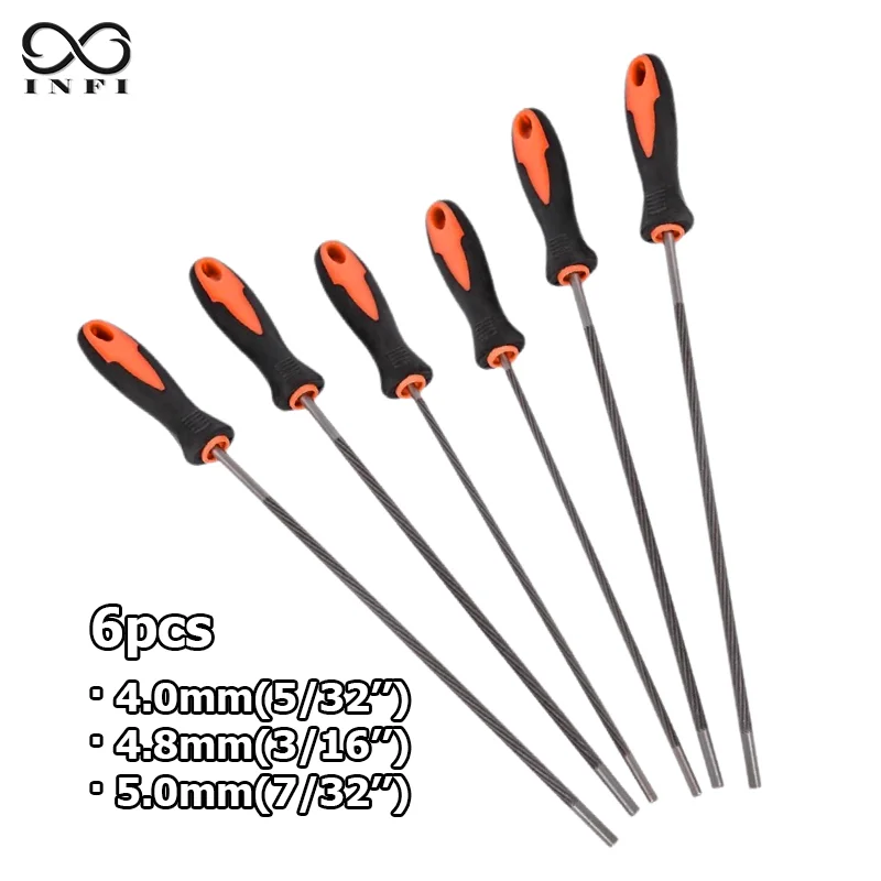 

Набор напильников для заточки бензопилы из высокоуглеродистой стали, 6 шт., нескользящие ручки, эффективная заточка, несколько размеров (4,0, 4,8, 5,0 мм)