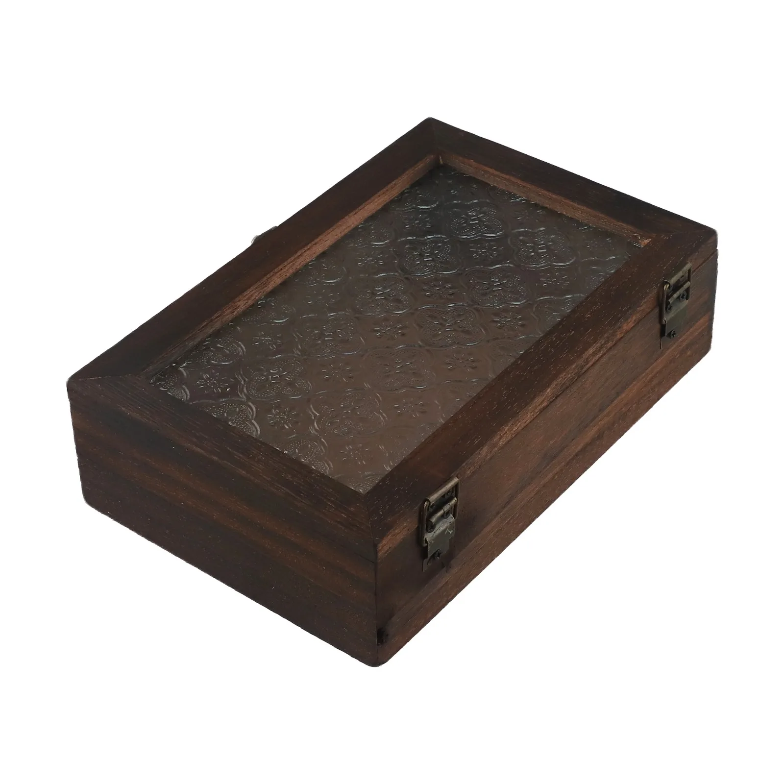 Haitang Flower Glass Storage Box Vintage Solid Wood Storage Cabinet Desktop Sorting Flipping Wooden BOX Makeup Table Decoration