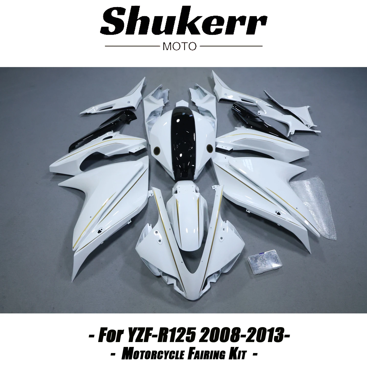 Kit Carene in Plastica per Yamaha YZF R125 2008-2013, Pannelli Carrozzeria Stampati a Iniezione per YZF-R125 2008-2013, Bianco Oro 11 12