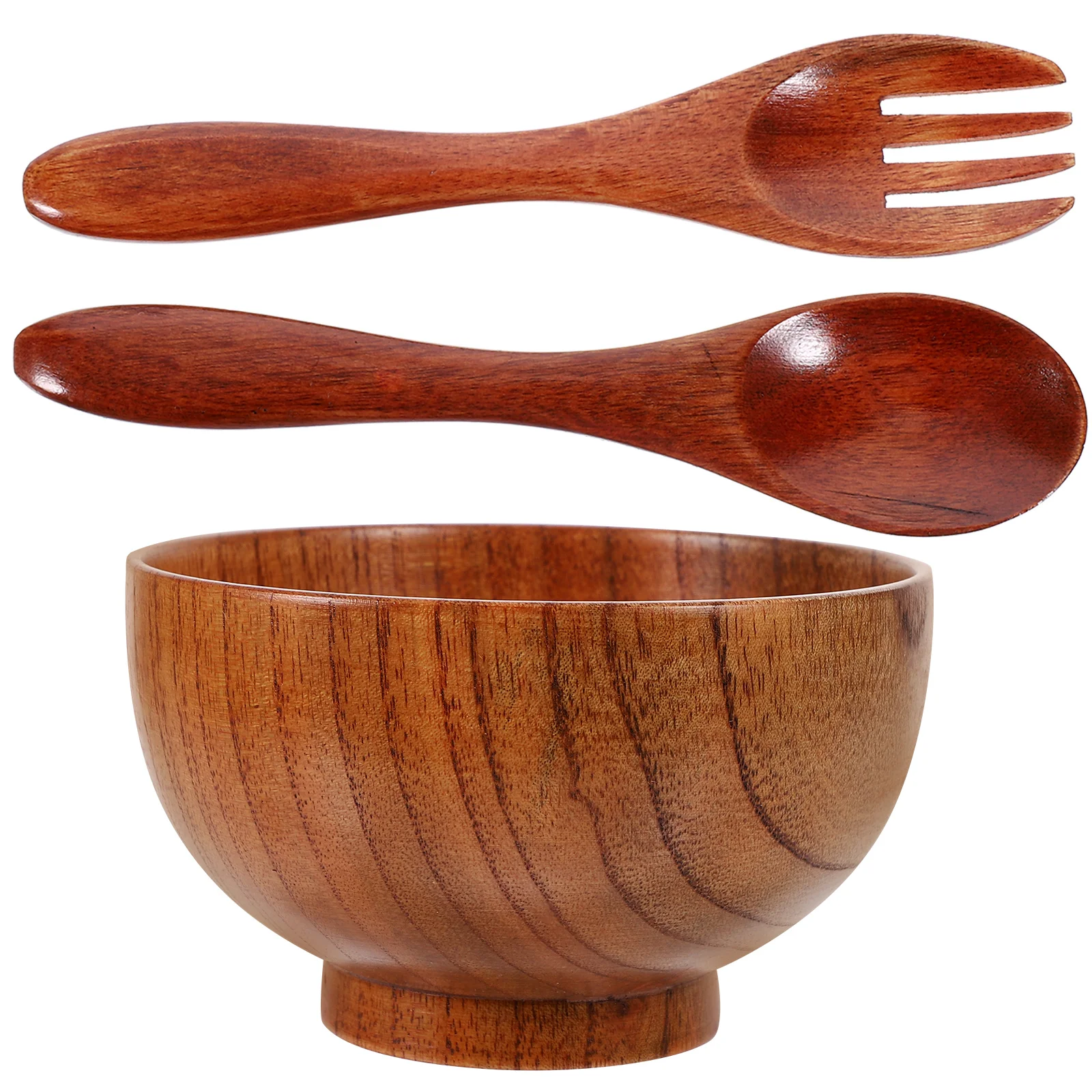 1Set Natural Wooden Bowl Set Deep Serving Bowl Spoon Fork Household Salad Fruit Soup Kitchen Counter Wooden Bowls for Salad