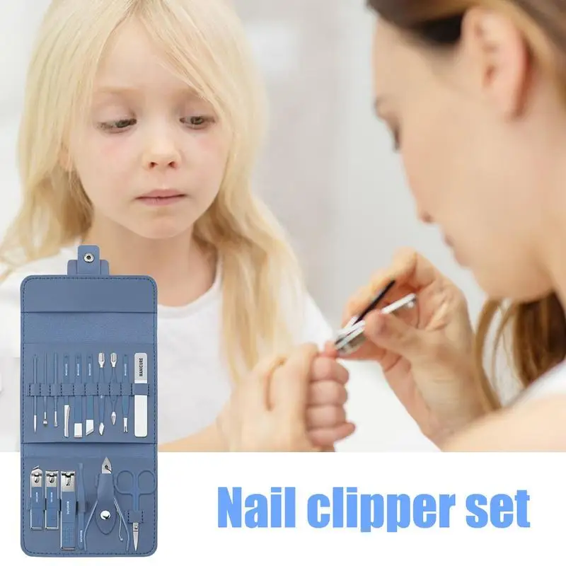 Kit de manicura y pedicura, cortador de uñas de acero inoxidable, juego de herramientas de aseo, 16 piezas, herramientas de precisión con tijeras y Funda de cuero