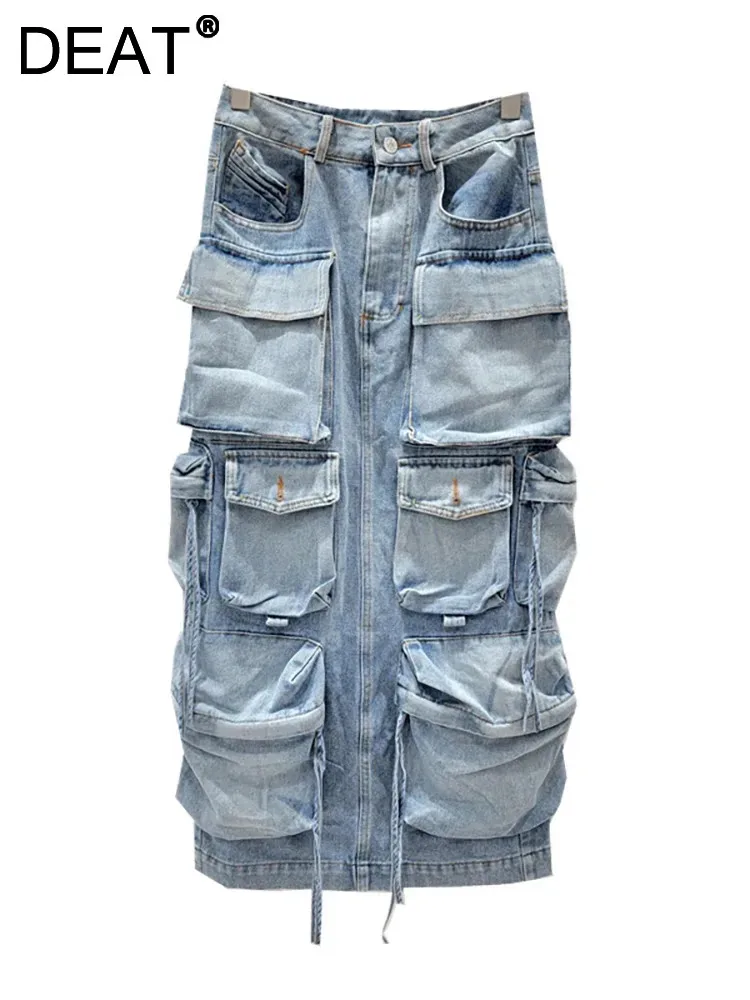 

DEAT Women's Denim Skirt High Waist Multiple Pockets Washed Blue Patchwork Long Cargo Skirts 2024 Autumn New Fashion 29L7060