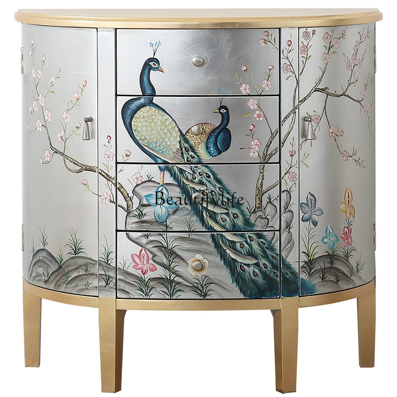 

New Chinese-style semicircular entrance cabinet American gold and silver foil living room storage decoration