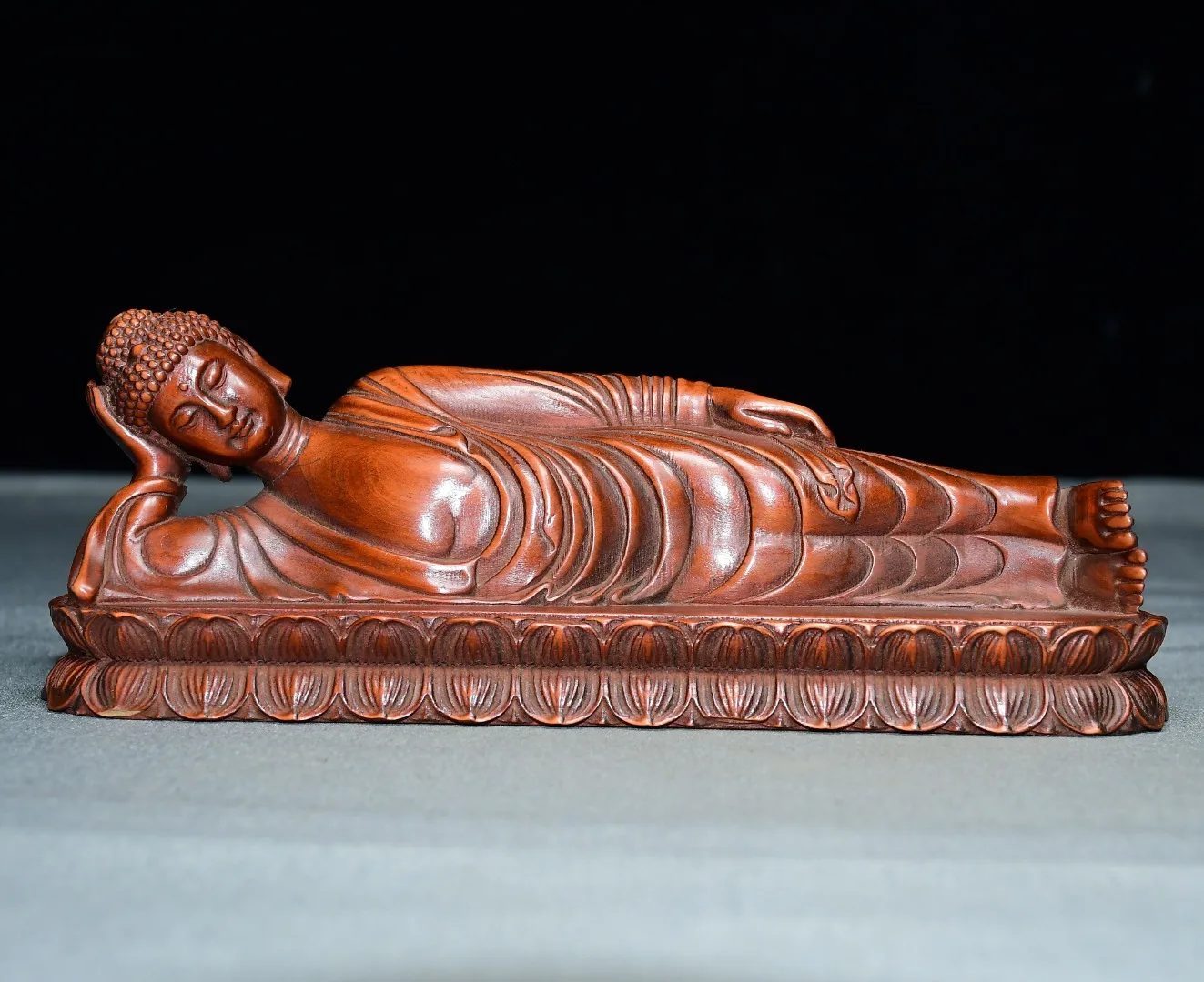 Bouddha couché Shakyamuni en buis ancien, Bouddha de la contemplation, Bouddha Amitabha, ornements pour l'étude et la prospérité