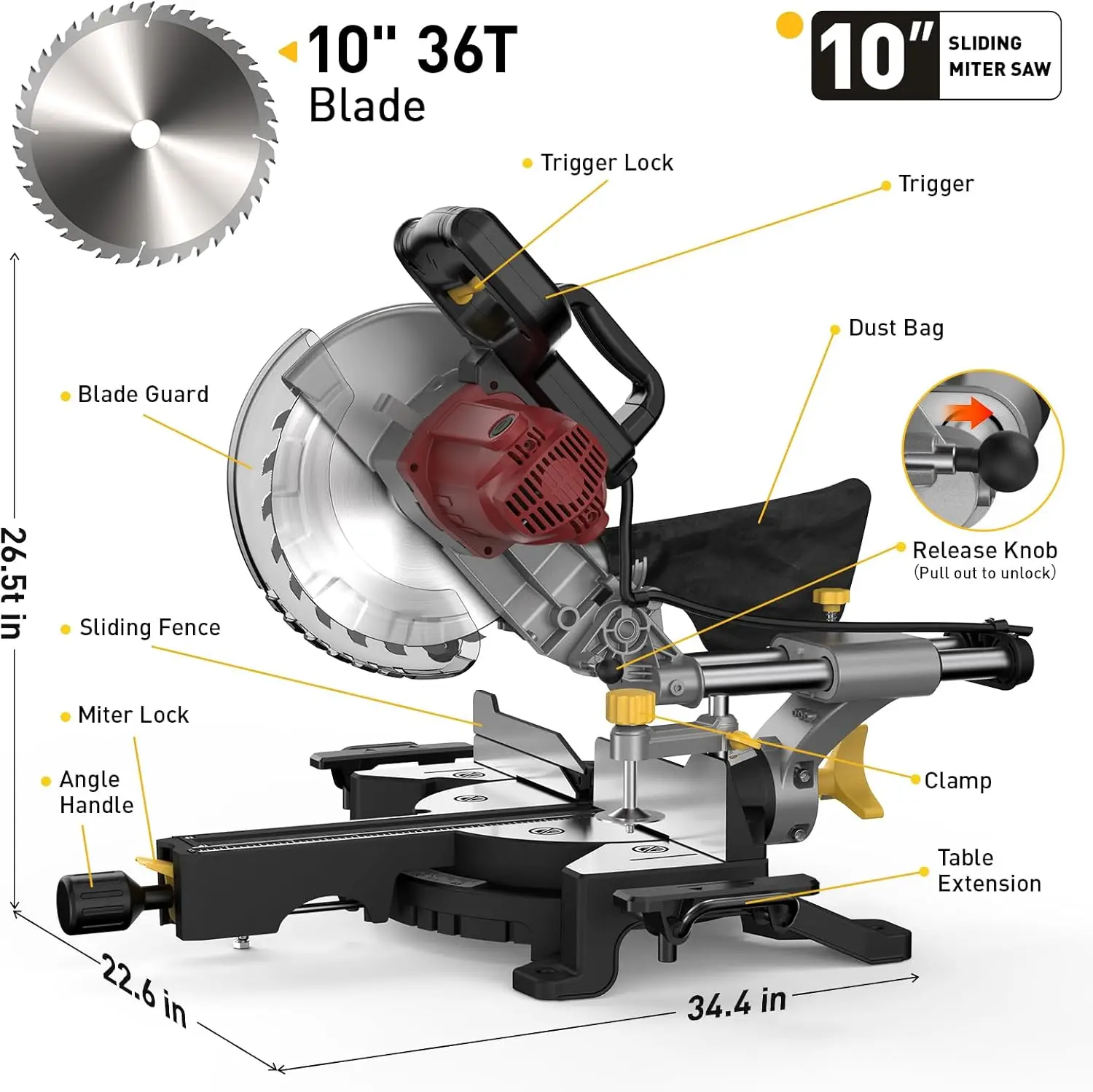 10Sliding Compound Miter Saw Single Bevel Electric Saw 15 Amp 5000RPM 0-45° 36T Blade Precision Cutting Quick Angle Woodworking
