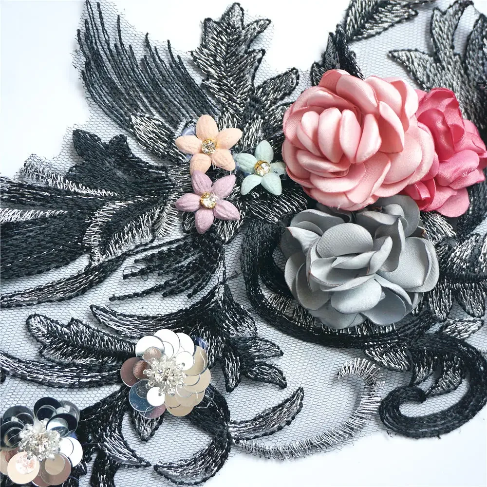 40CM tessuto nero 3D fiori rose strass paillettes Appliques pizzo trim ricamo maglia cucire su toppe per la decorazione di nozze