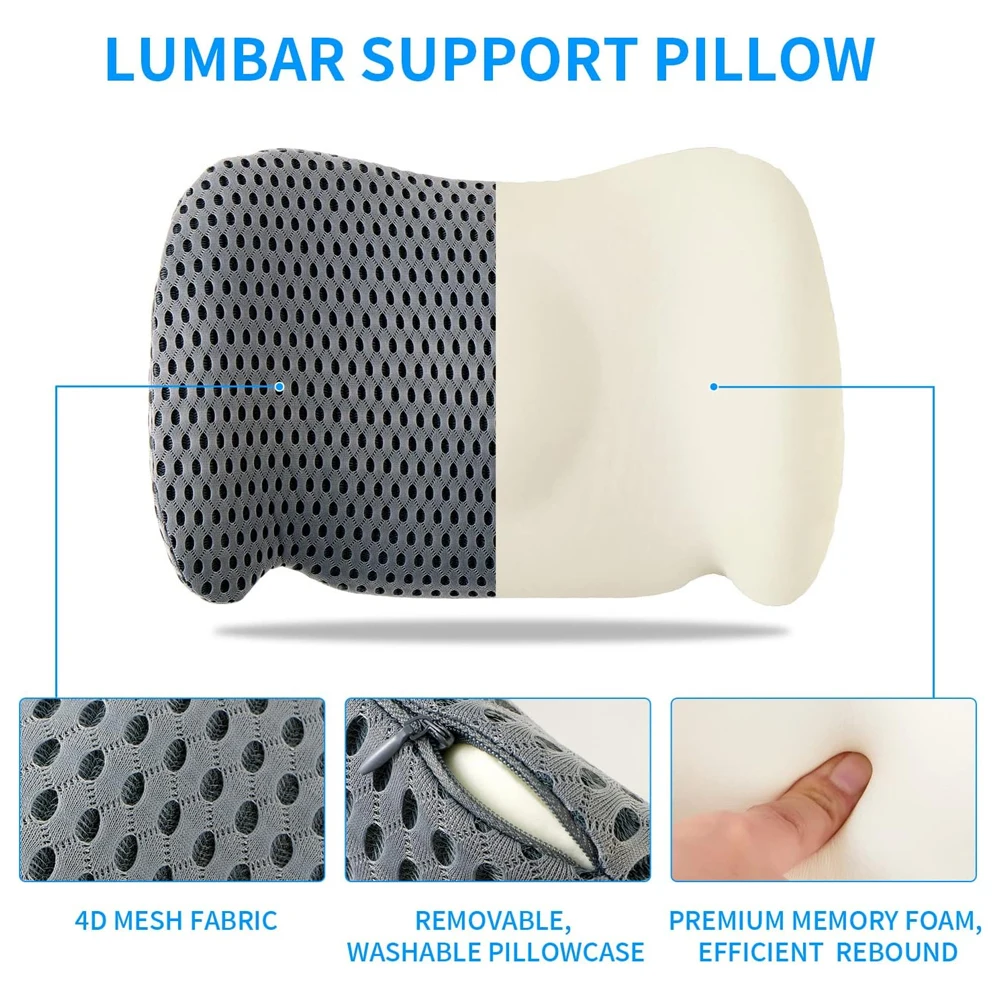 Lumbar Support Pillow-Memory Foam Lumbar Pillow with Adjustable Strap for Back Pain Relief,Back Pillow for Car,Bed - Detachable