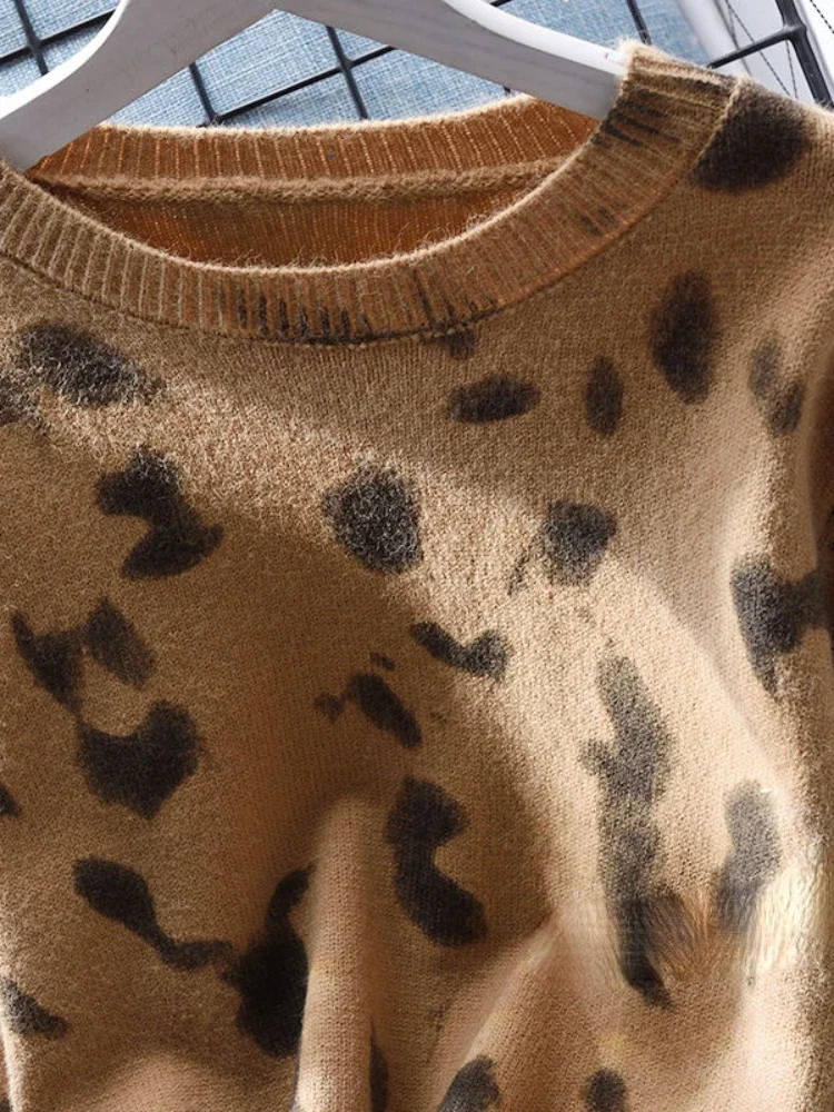 French Vintage Pullovers Leopard Long Sleeve Crop Tops Casual Loose All Match Sweaters Autumn Winter O Neck Women Clothing 2024