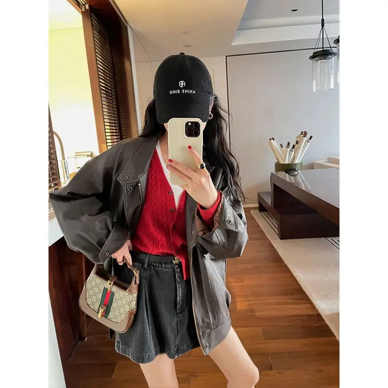 Autumn Cool Brown Oversized Leather Jacket Women Drop Shoulder Long Sleeve Zippper High Quality American Retro Clothing