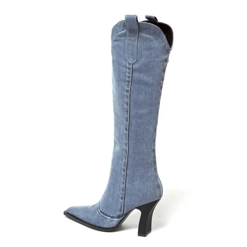 New Winter Autumn Denim Women Western Cowboy Boots Fashion Slip On Ladies Eelgant Long Boots Thick High Heel Boots Ladies Shoes