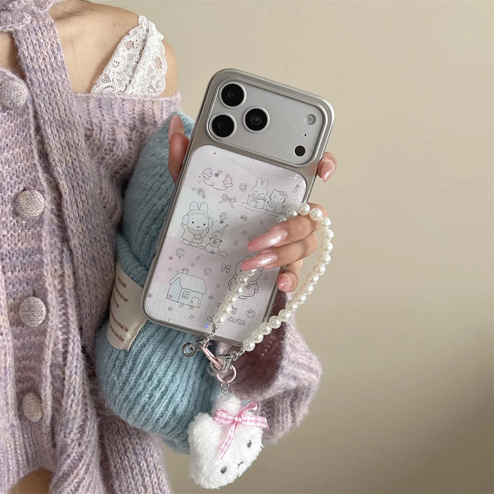 

Electroplated Glitter Cute Miffy Rabbit Phone Case for iPhone 17 Pro 13 14 15 Max 16 Pro Max Cover with 3D Pendant Kawaii Fundas