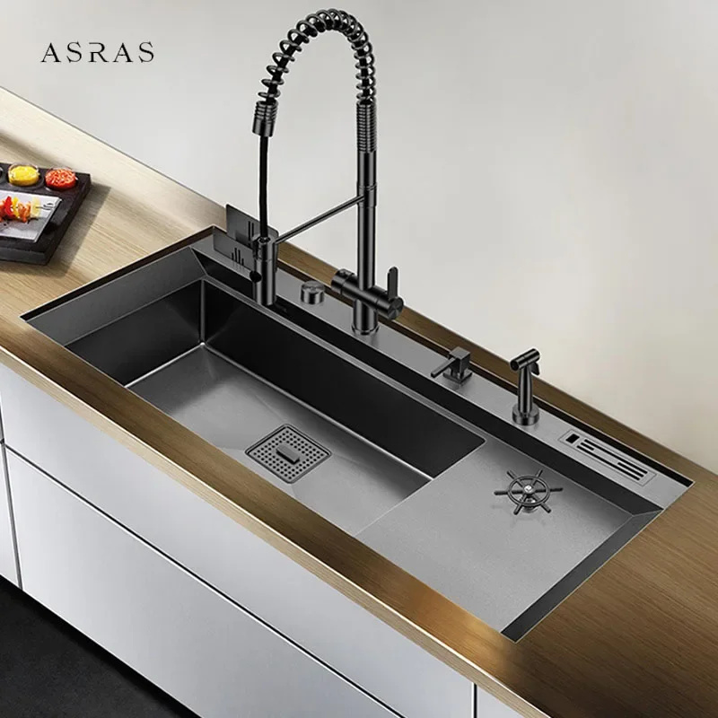 

ASRAS New Nanometer Large Size Single Cup Rinser Kitchen Sink 4mm Thickness 220mm Depth With Drain Plate Knife Holder Sinks