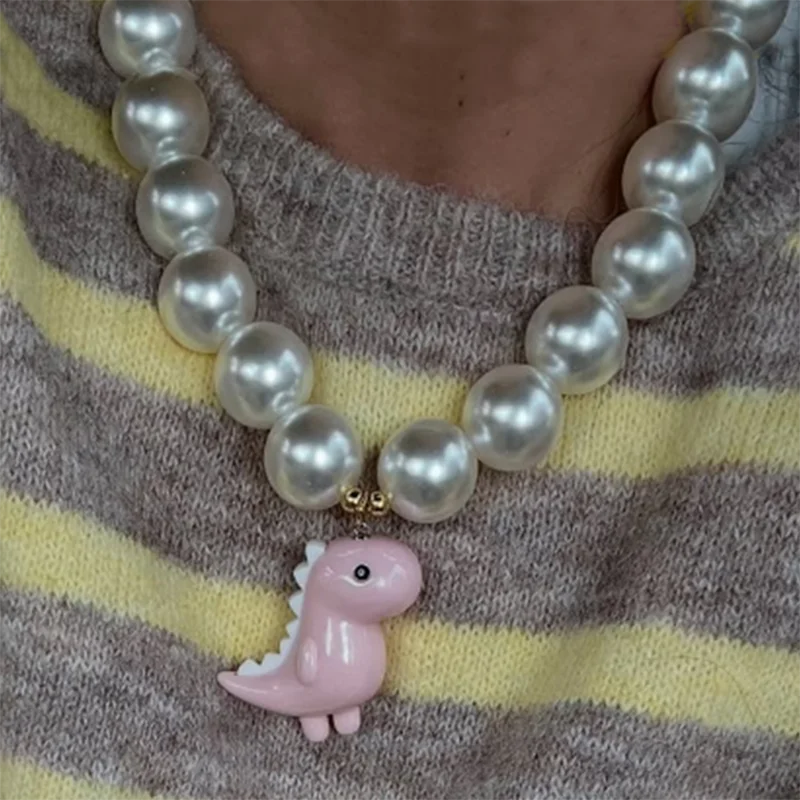 Sweet Cute chunky chain Exaggerated Cartoon Unicorn Cat And Dinosaur Best Friends Necklace Girls Animal Design BFF Jewelry pearl