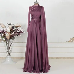 Classic A-Line Beading Chiffon Muslim Formal Dress High Neck Evening Gown Full Sleeves Wedding Guest Dresses for Women Abiye