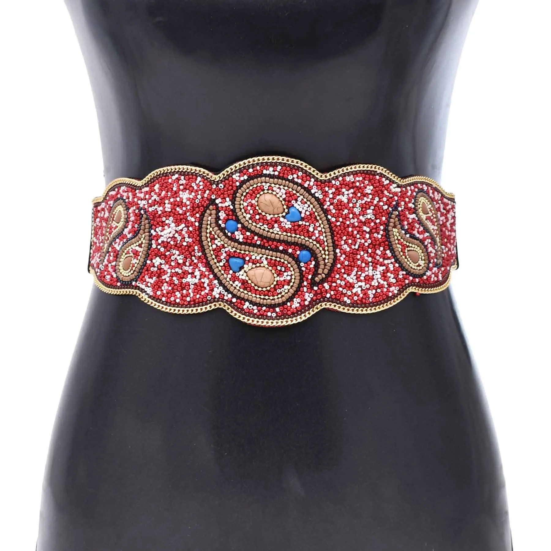 Beads Women Belt Colorful Acrylic Ethnic Elastic Statement Waist Belts Vintage Red Leather
