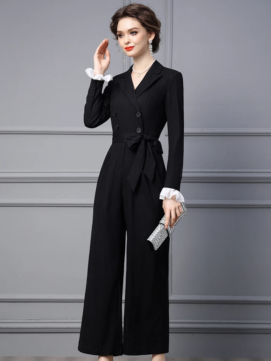 Gedivoen Fashion Runway dress Summer Women's Turn-over Collar Long Sleeve Button Lace-up Black Casual Party Jumpsuit