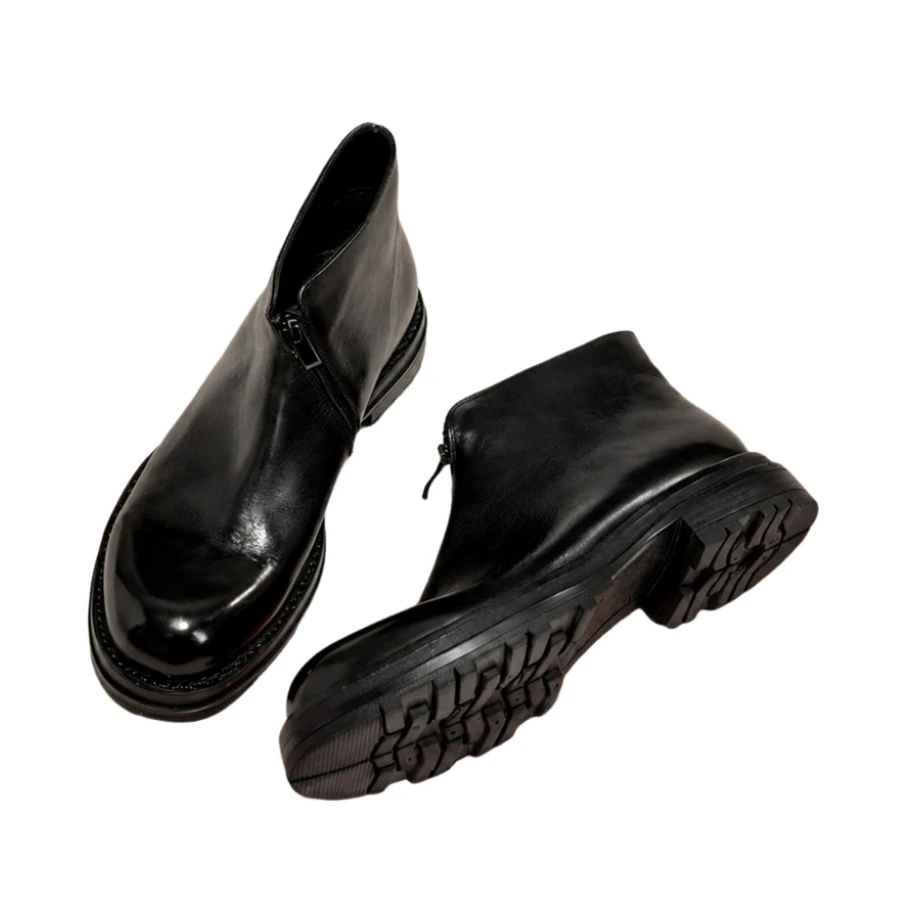 Men Genuine Leather Ankle Boots Vintage Washed Round Toe Side Zipper Thick Sole Non‑Slip Male Business Casual Street BH0207