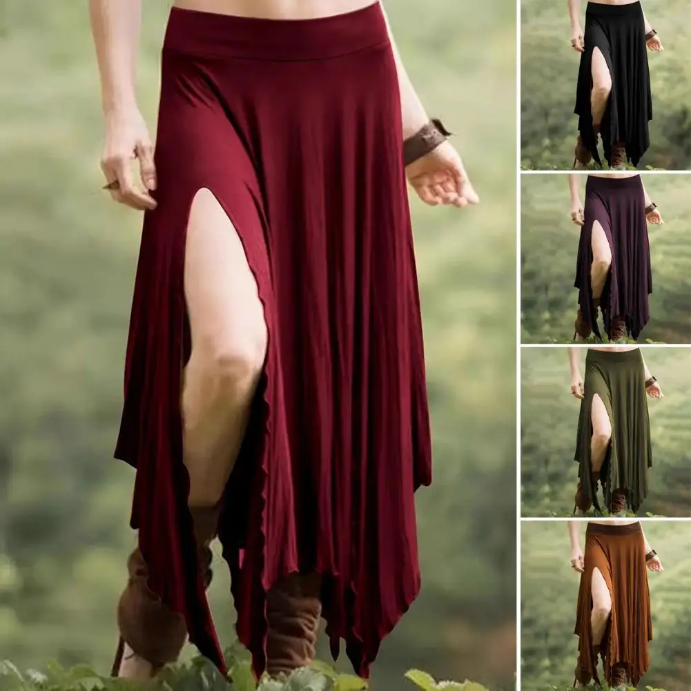 

Summer Women Party Split Sundress Stylish Irregular Skirts High Waist Maxi Vestidos Solid Robe