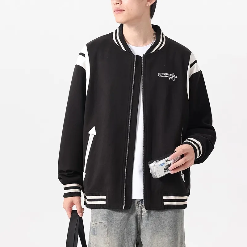 

Autumn Winter Men's Large Size Trendy Thin Stand Collar Color Blo Baseball Jaet American Retro Sle Outerwear Top