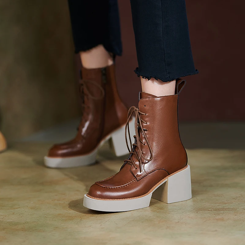 2024 Winter Women Shoes Genuine Leather Women Boots Platform Chunky Boots Women Solid Real Leather Women Shoes High Heel Boots