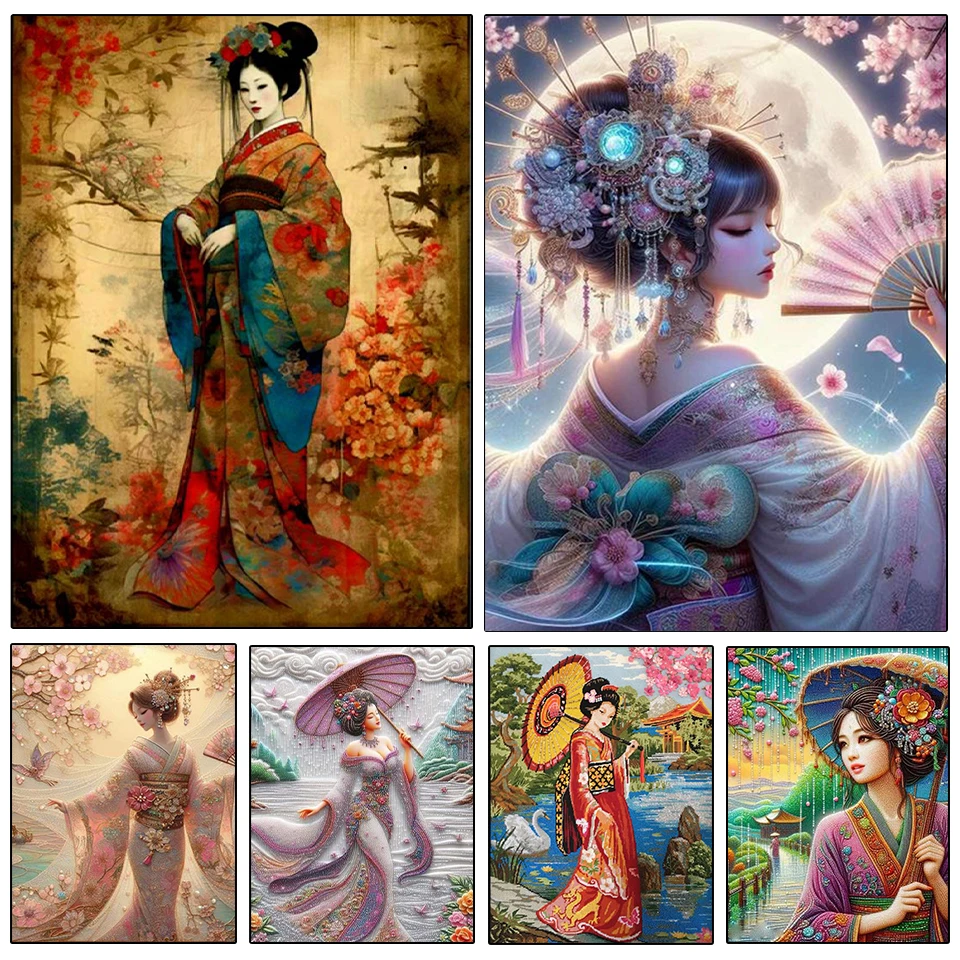 

Diamond Art Painting Kits Cross Stitch Japanese Woman 5D DIY Diamond Embroidery Portrait Rhinestones Full Mosaic Decor For Home