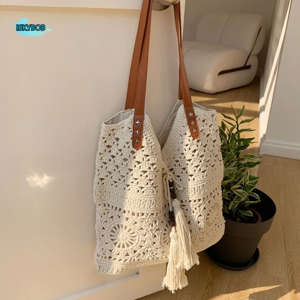 

Casual Bohemian Crochet Tote Bag Large Capacity Hollowed Out Knitted Bag Ethnic Style Handbag Beach Shoulder Bag Summer