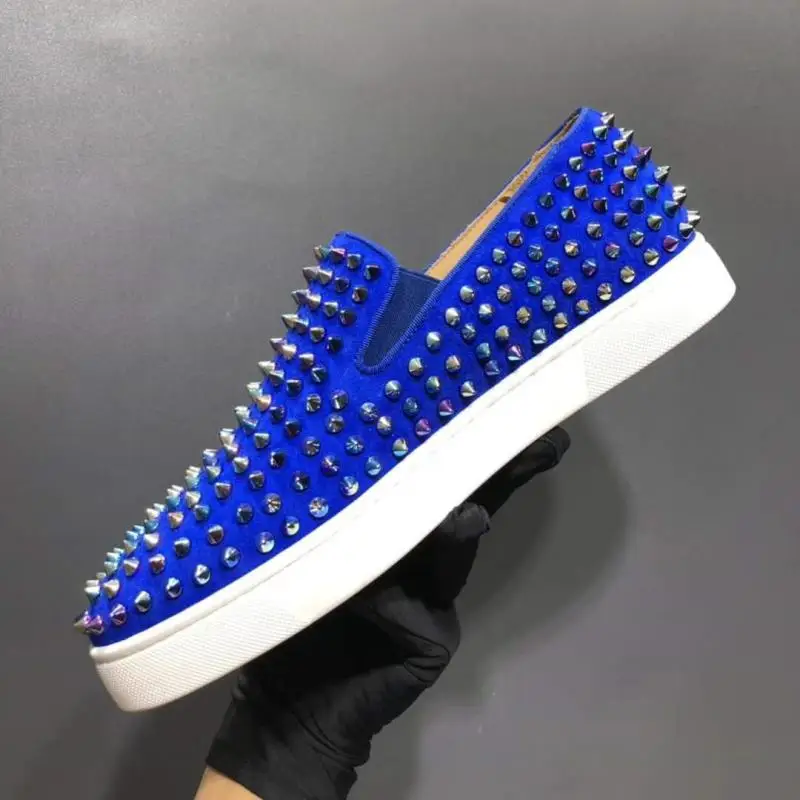 Summer Blue Suede Shoes Full Spikes Loafers Casual Flats Slip On Designer Sneakers Rivet Shoes For Men With Free Shipping