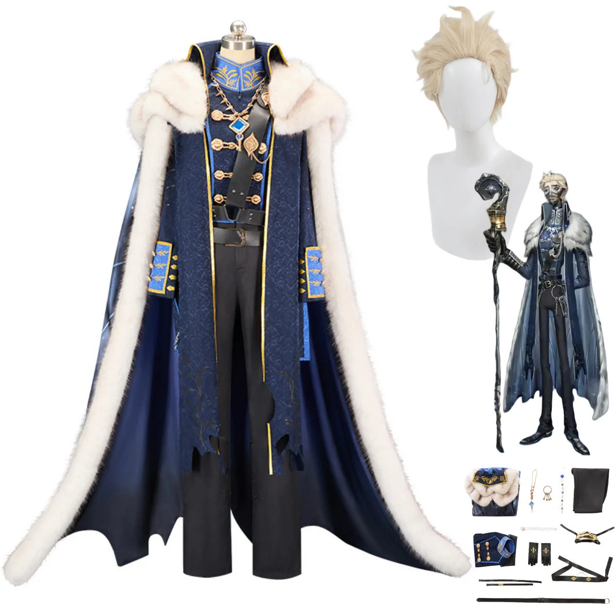 Game Identity ⅤAlva Lorenz Hermit Warden Cosplay Costume Long Fur Collar Cloak Uniform Vest Wig Man Christmas Carnival Suit