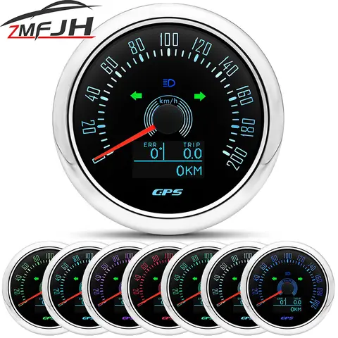 85MM 디지털 GPS 속도계 0-160MPH 0-200KMH 속도 측정기 자동차 해양 보트 용 GPS 안테나 7 색 백라이트 속도 게이지