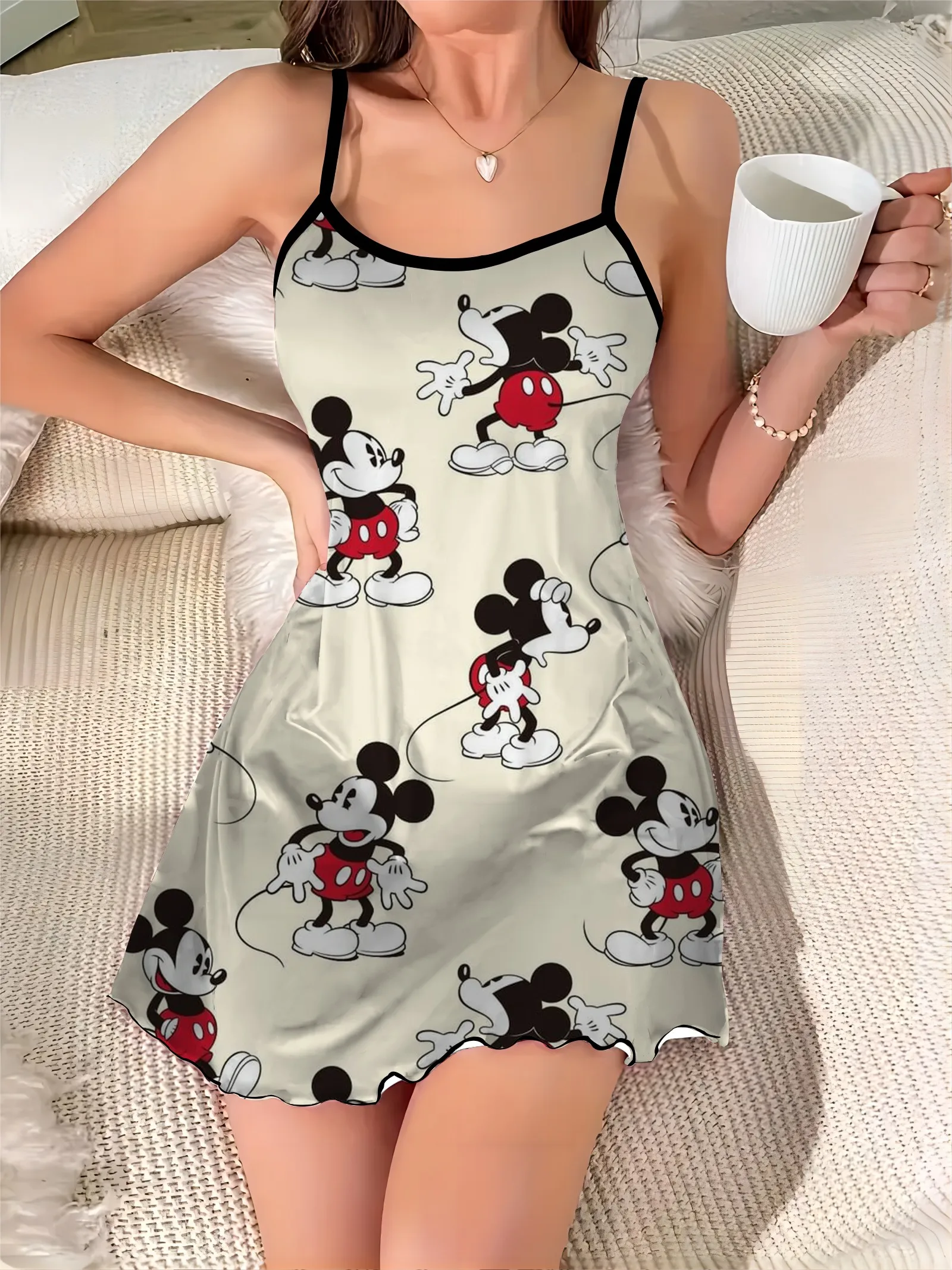 Moda abiti estivi 2024 girocollo gonna pigiama Mini abito Minnie Mouse Disney Mickey superficie in raso lattuga Trim elegante Chic