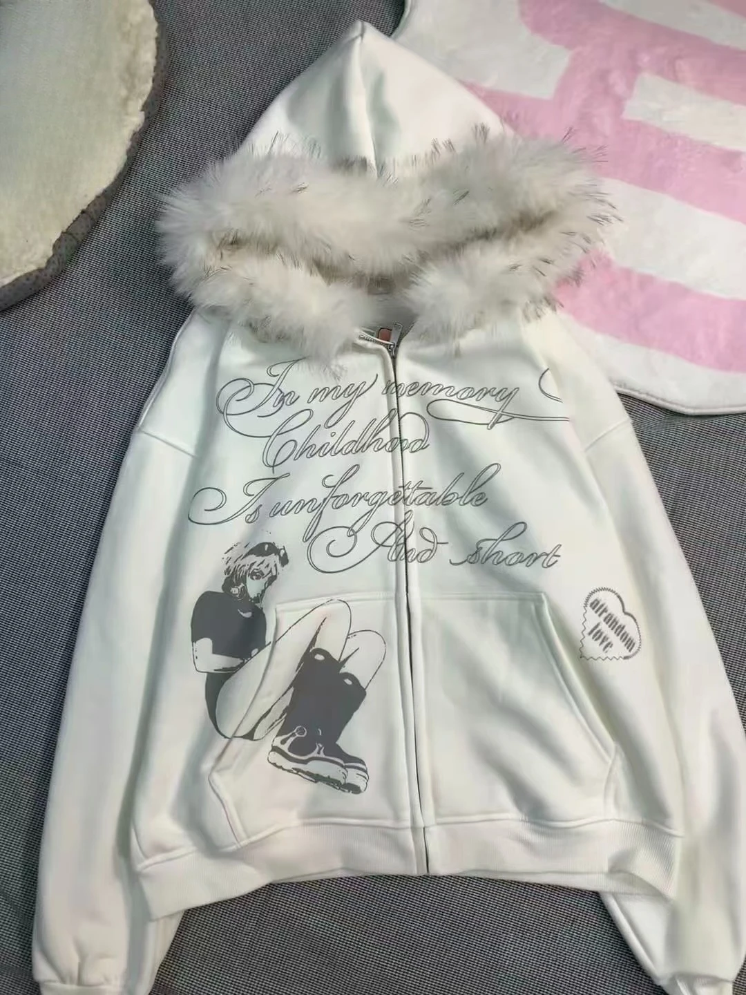 American Y2k Light Fur Collar Subculture Retro Sweatshirt Women's Autumn Winter High-end Hooded Cardigan Loose Gothic Jacket