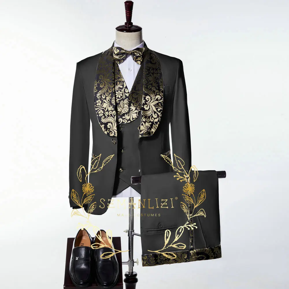 

SZMANLIZI 2024 Luxury Gold Floral Lapel Black Men's Suits Slim Fit Groomsman Groom Wedding Tuxedos Party Blazer Vest Pant