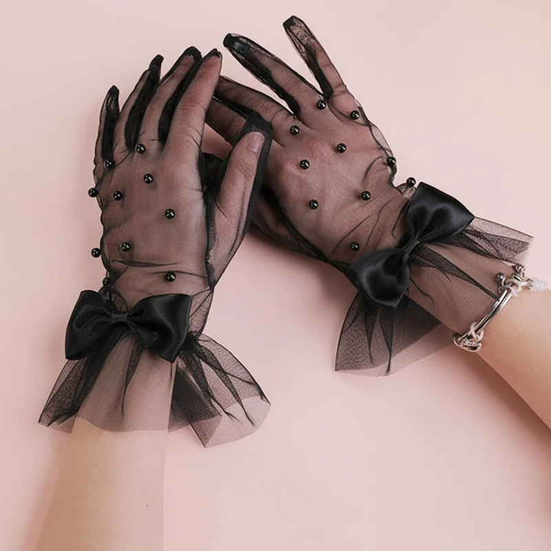 

Manicure Photo Tool Black Beaded Mesh Short Gloves Bow Ruffle Wrist Cuff DIY Nail Shooting Photography Hand Accessories