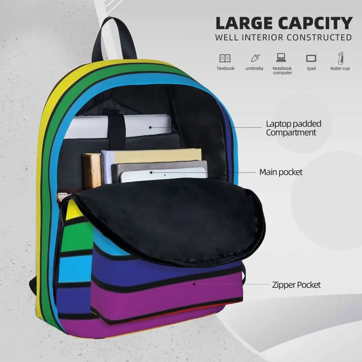 Mochilas a rayas del arco iris en negro para mujer, mochila impermeable para niños y niñas, mochilas escolares para estudiantes, mochila de viaje portátil, hombro