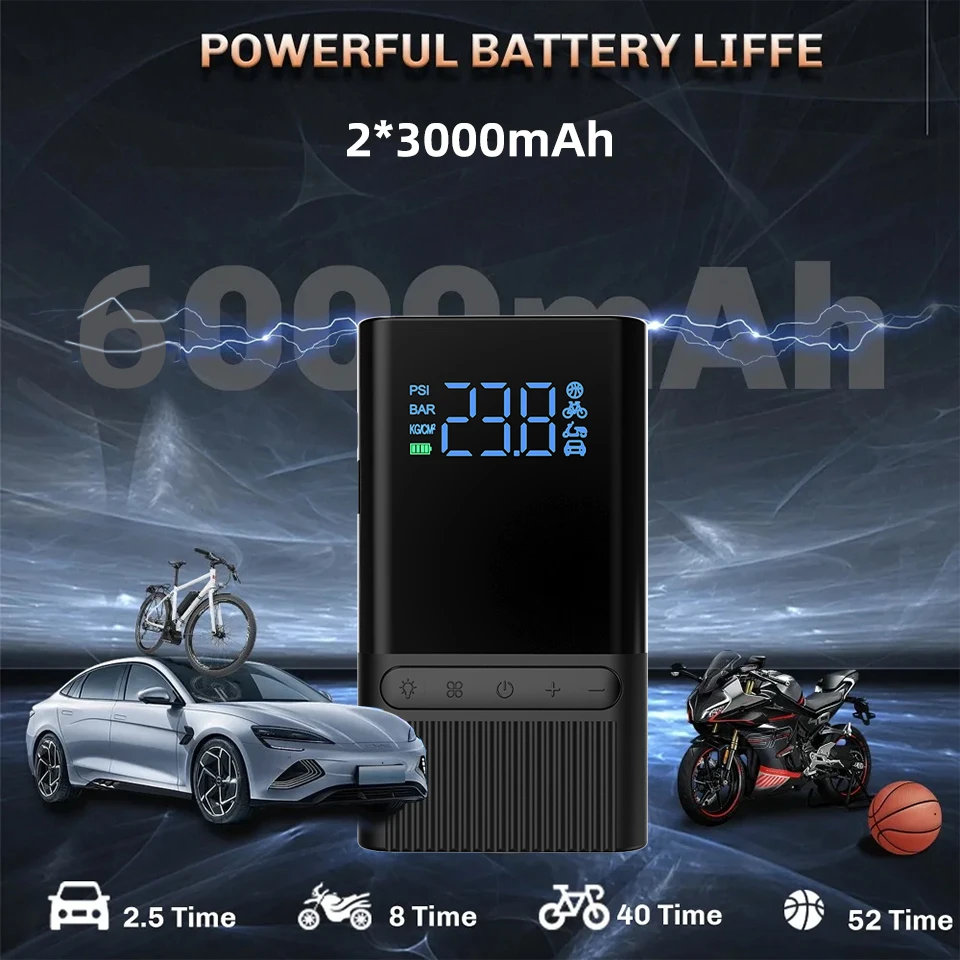 Portable Electric Air Compressor Tire Inflator, Auto Tyre Pump for Car Motorcycle Bicycle, Rechargeable Portable Air Pump