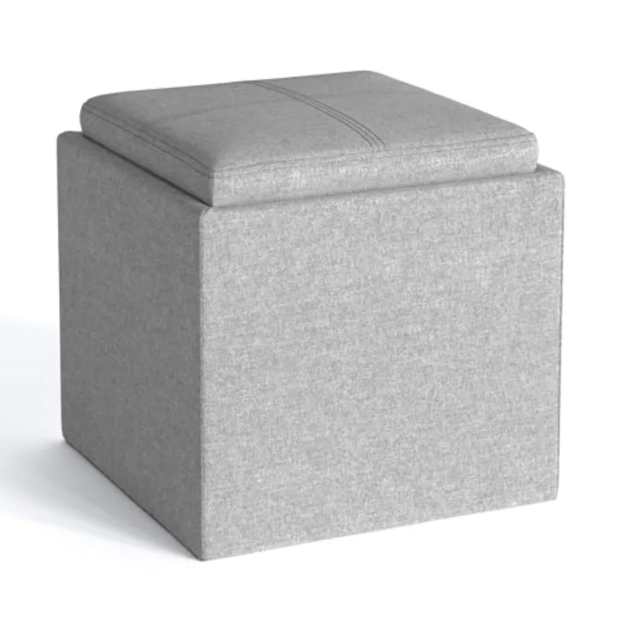 

Rockwood Cube Storage Ottoman with Tray - 17" Wide x 17" High Upholstered Linen Look Fabric Square Storage Ottoman in Cloud Gre
