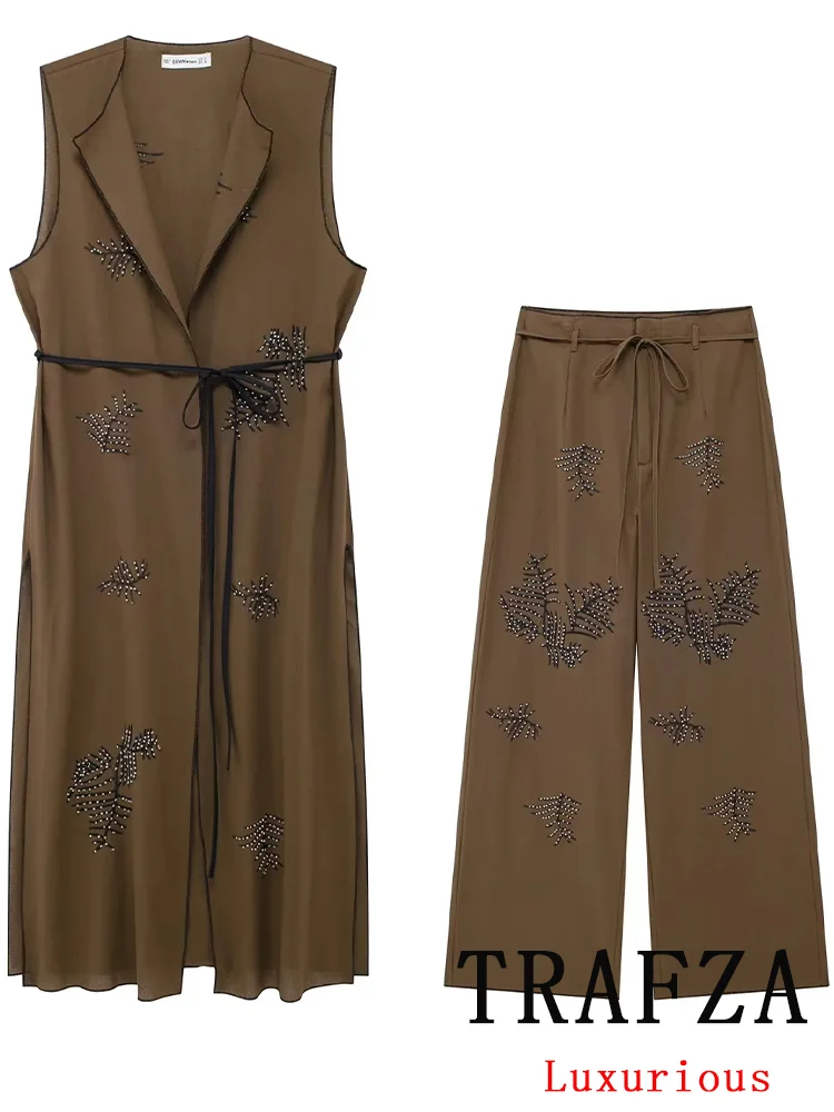 TRAFZA Vintage Casual Chic Women Suit Embroidery Sleeveless Kimono Shirts Straight Zipper Loose Pants Fashion 2024 Autumn Sets