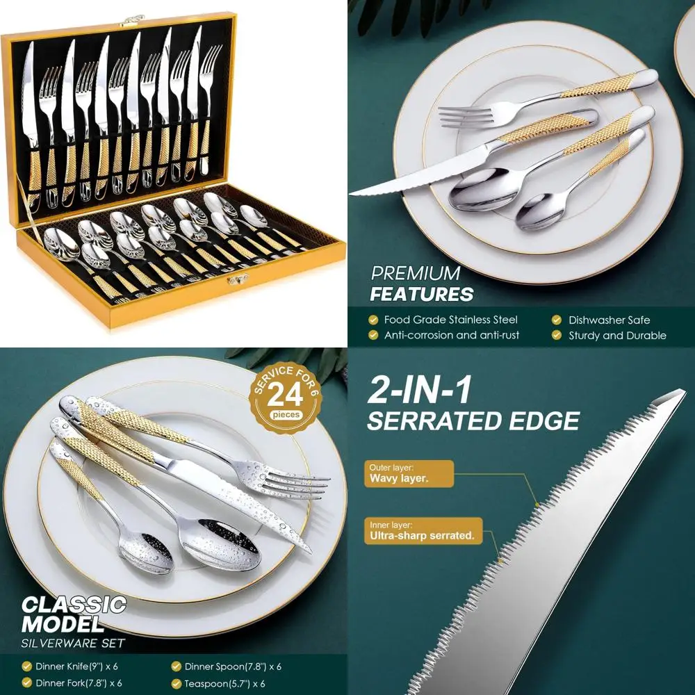 

24-Piece 18/10 Stainless Steel Hammered Silverware Set for 6, Elegant Flatware Collection