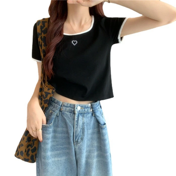 2024 Summer Fashion Y2K T-shirt Woman Heart Embroidered Crop Top Women Sexy Short Sleeve Tee Shirt Femme INSClothes Tshirts