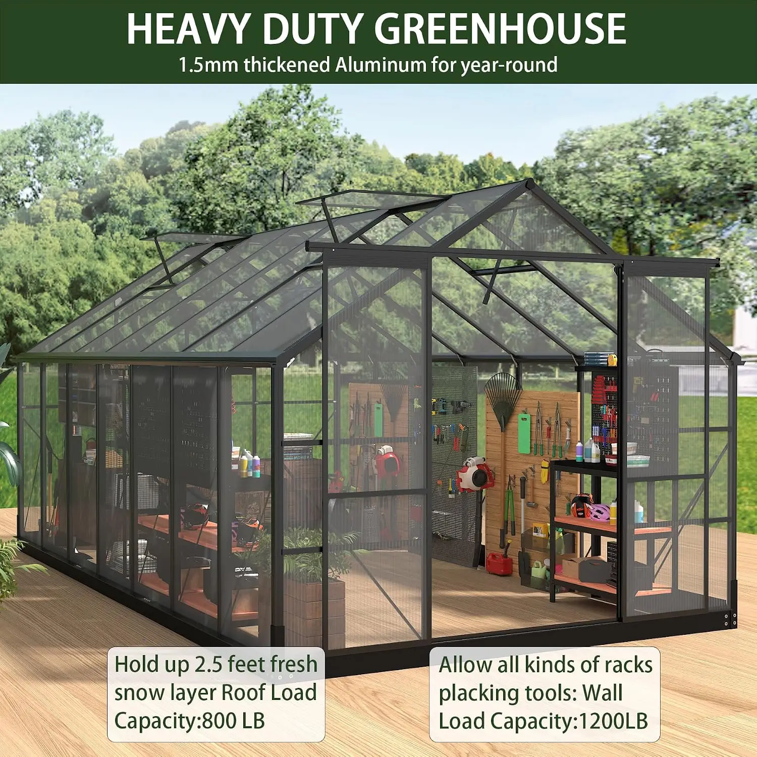 Outdoor Polycarbonate Greenhouse 8x14.2 FT Aluminum Walk-in Sliding Door 2 Adjustable Vents Windproof Garden, Customized
