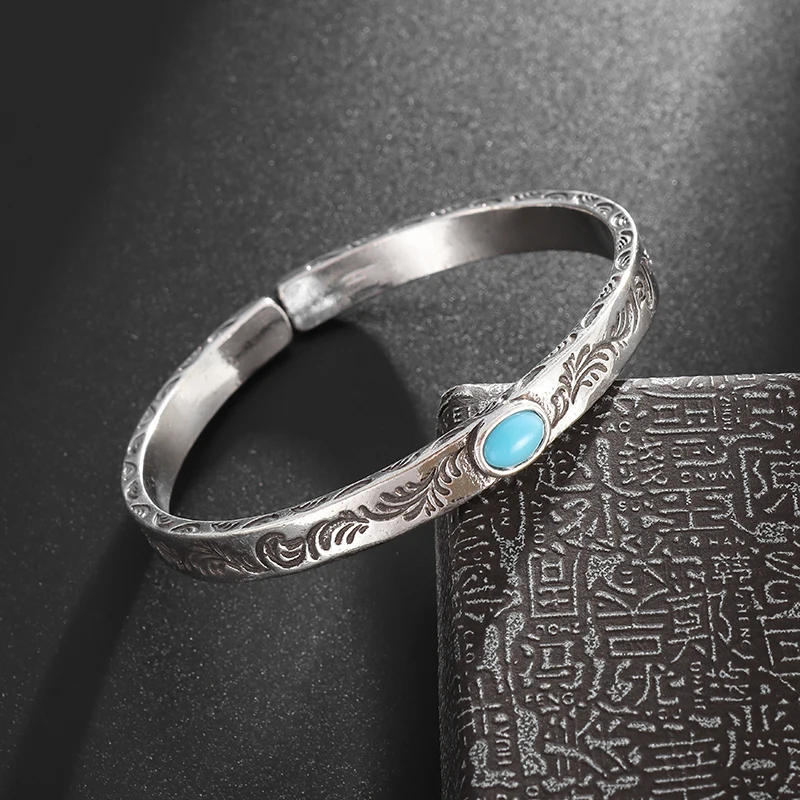 Retro Silver-Plated Turquoise Carved Tangcao Totem Bracelet Suitable for Men and Women Fashion Personalized Cuff Bracelet