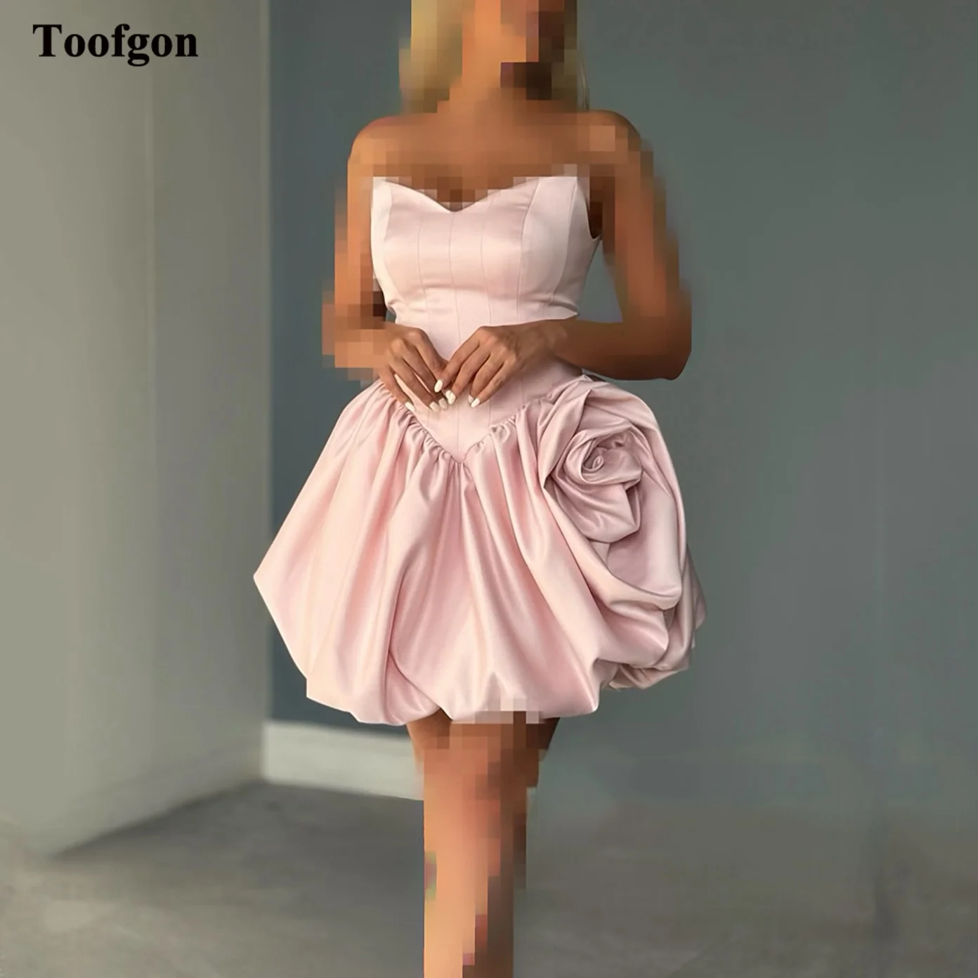 

Toofgon Pink Satin Mini Prom Dresses Customized 3D Flowers Special Occasion Party Girls Dance Gowns Formal Homecoming Dress 2026