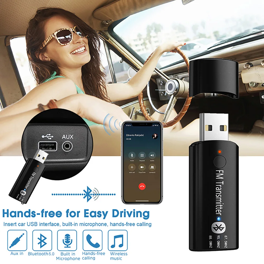 مجموعة ترقية السيارة، جهاز استقبال بلوتوث 3.5 ملم، محول صوت ستيريو لاسلكي، USB، جهاز إرسال FM، مجموعة مكالمات بدون استخدام اليدين، راديو FM