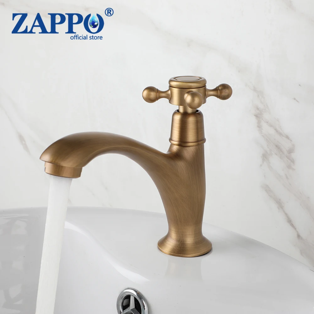 ZAPPO Antique Brass Single Cold Water Faucet Single Handle Bathroom Faucet 1 Hole Deck Mount Lavatory Basin Sink Faucets Tap