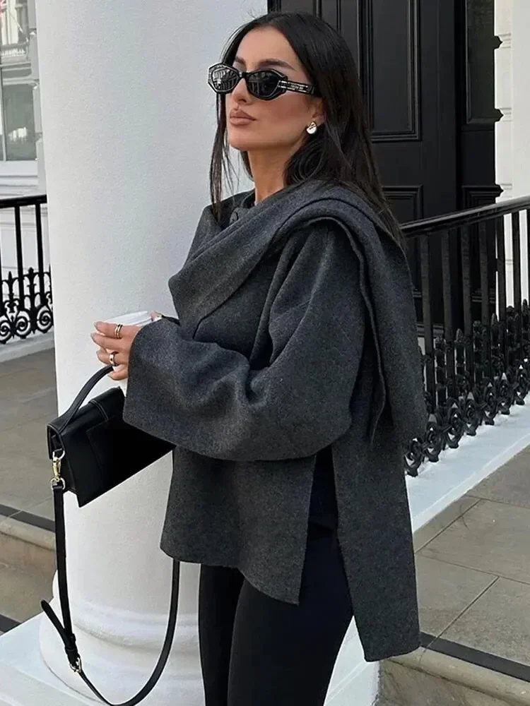 Autumn Short Gray Knitted Cloak Jacket Ladies with Scarf Women Fashion Long Sleeve Loose Cardigan Female Winter Elegant Chic New