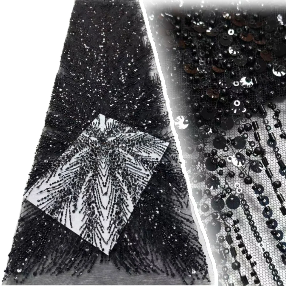 

African Lace Fabric 2025 Sequins Beaded Embroidery Groom Nigerian Bridal High Quality French Tulle Lace Fabric for Wedding T1524