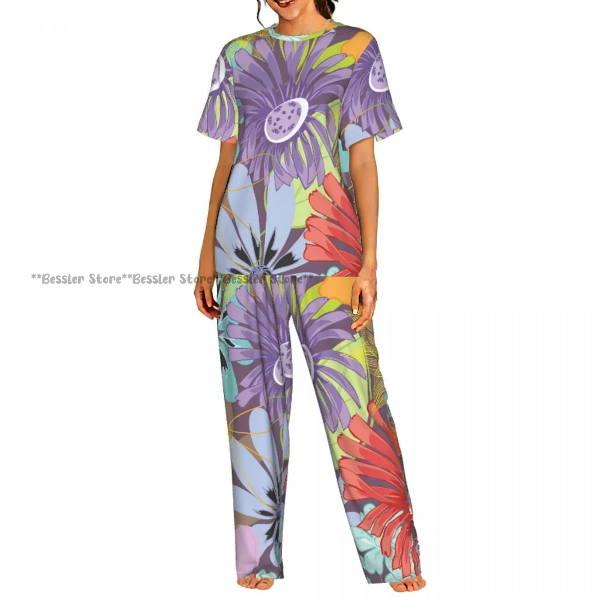 

Женские пижамные комплекты для дома и сна с акварельным цветочным принтом, короткий рукав