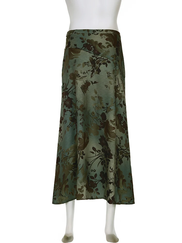 Rockmore Vintage Print Green Trumpet Midi Skirts Y2K Aesthetic Chic Low Waist Long Skirts Grunge Fairycore Holiday Outfits New